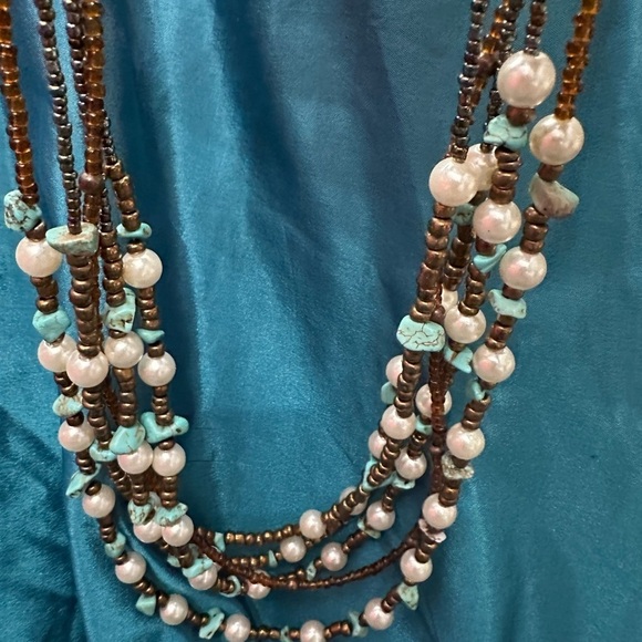 Woman’s 5 strand, multi beaded necklace, mixed beads, turquoise chips 5395 P - Picture 6 of 11